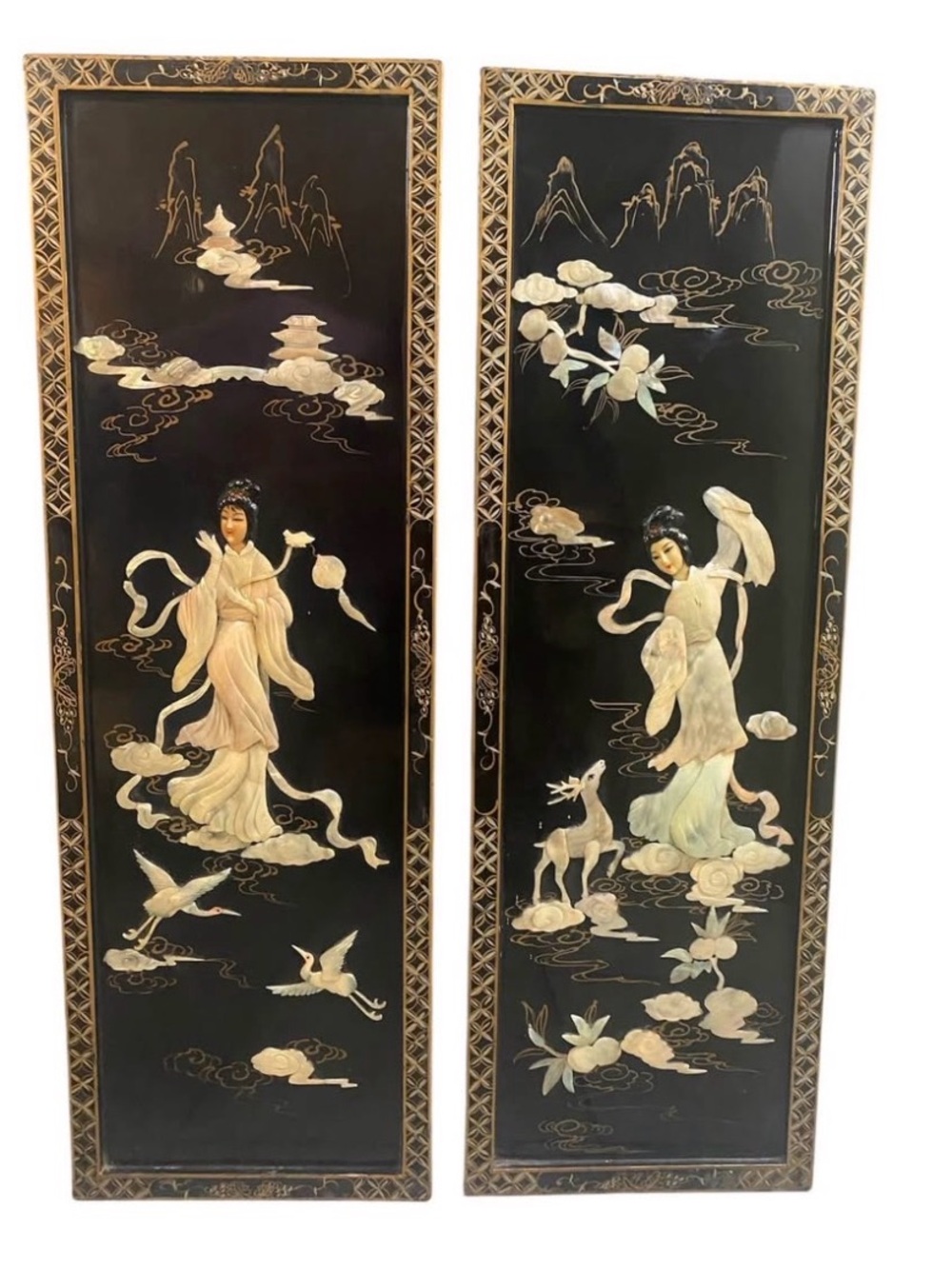 Oriantal Chinese Black Lacquer Mother Of Pearls Panel Wall Home Decor